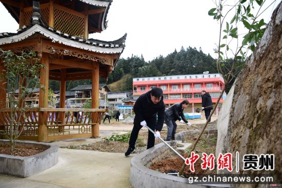 2月11日，贵州省黔东南苗族侗族自治州丹寨县排调镇的干部职工在参加义务植树活动。